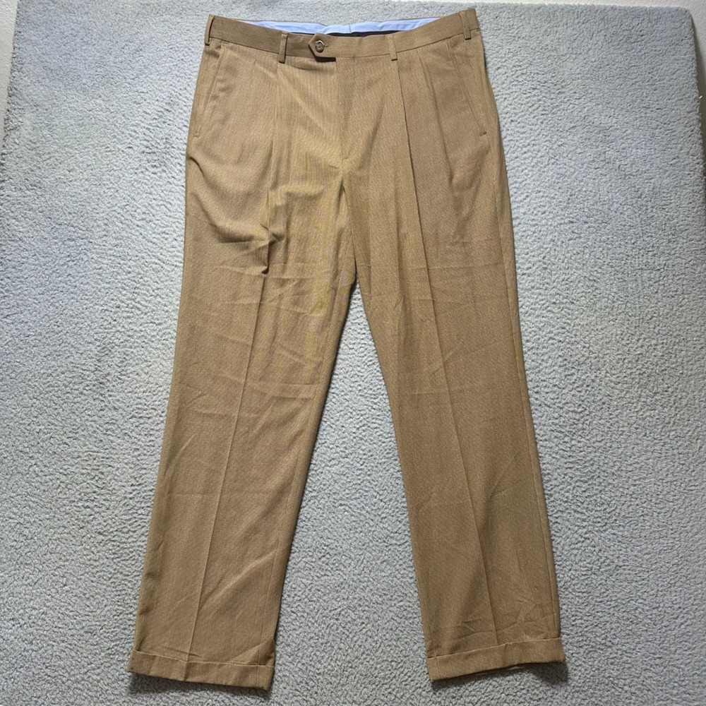 Roundree & Yorke TravelSmart Mens Tan Pleated Cuffed‎ Dress Pants 38x32 Trousers